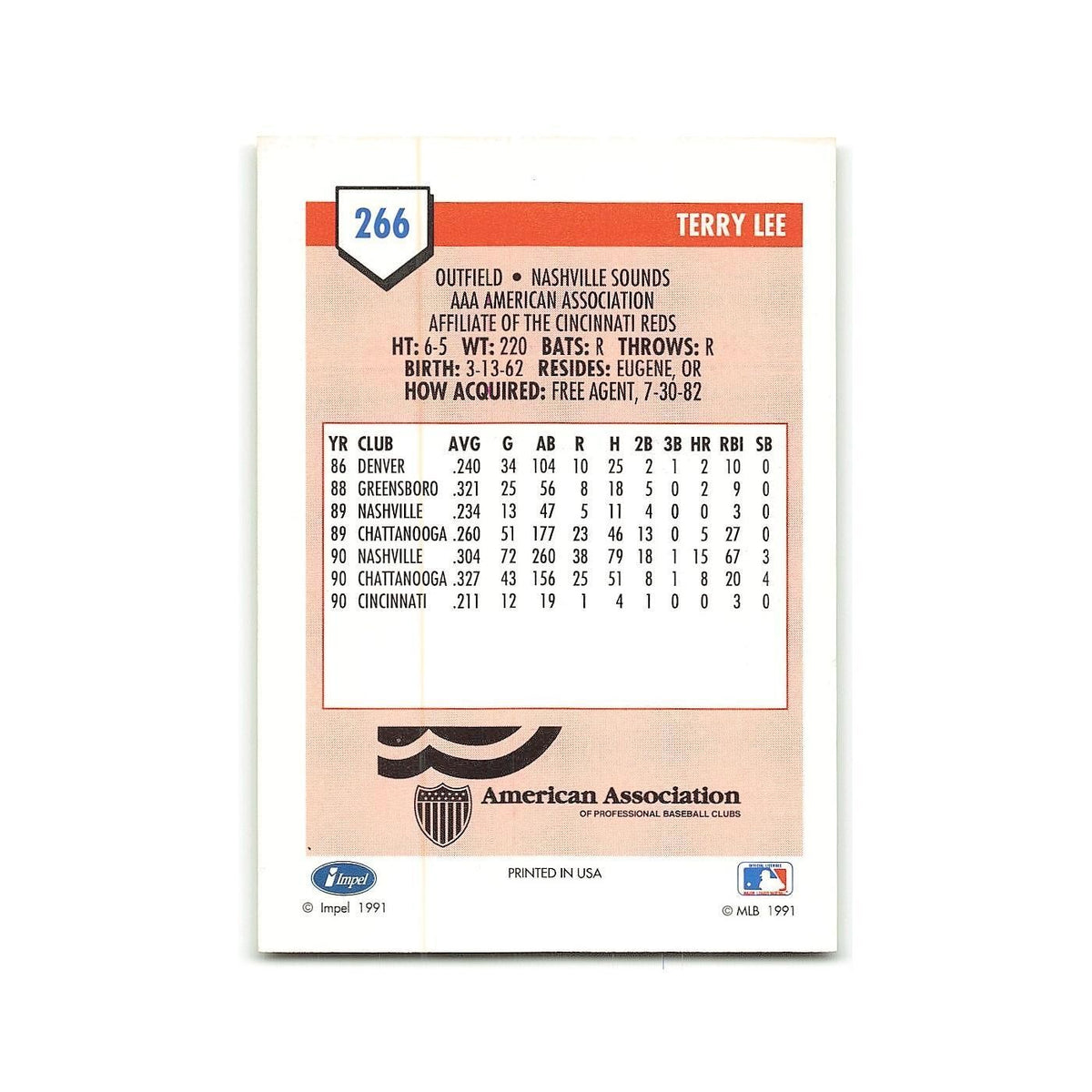 Terry Lee 1991 Line Drive AAA #266 Nashville Sounds Baseball Card NM