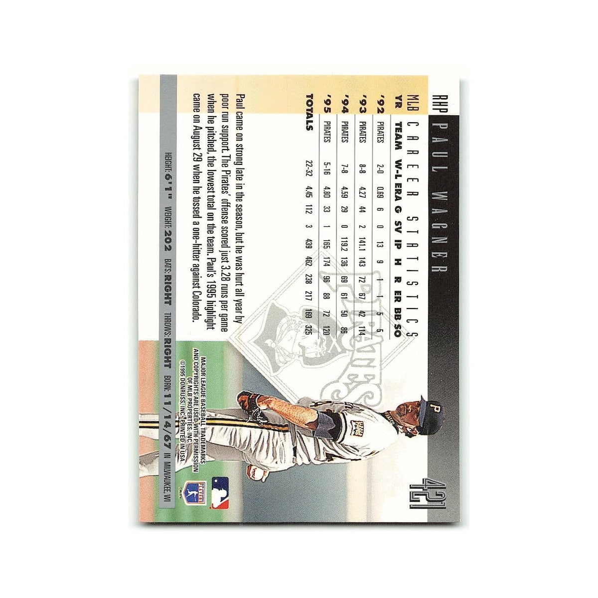 Paul Wagner 1996 Donruss #421 Pittsburgh Pirates Baseball Card NM
