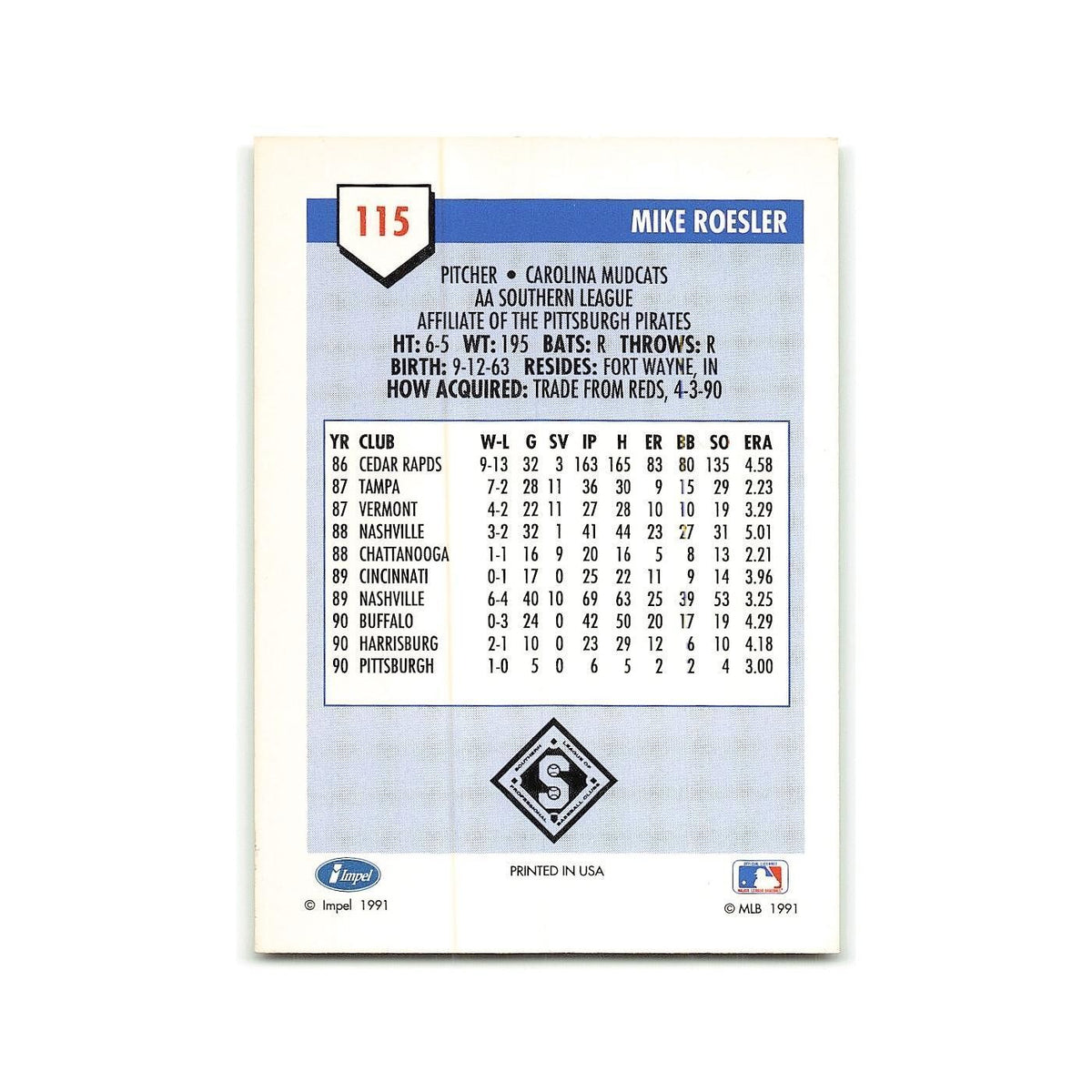 Mike Roesler 1991 Line Drive AA #115 Carolina Mudcats Baseball Card NM