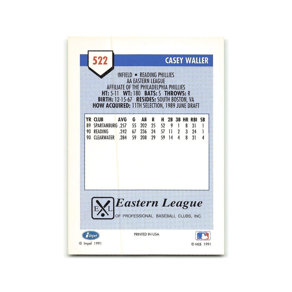 Casey Waller 1991 Line Drive AA #522 Reading Phillies Baseball Card NM