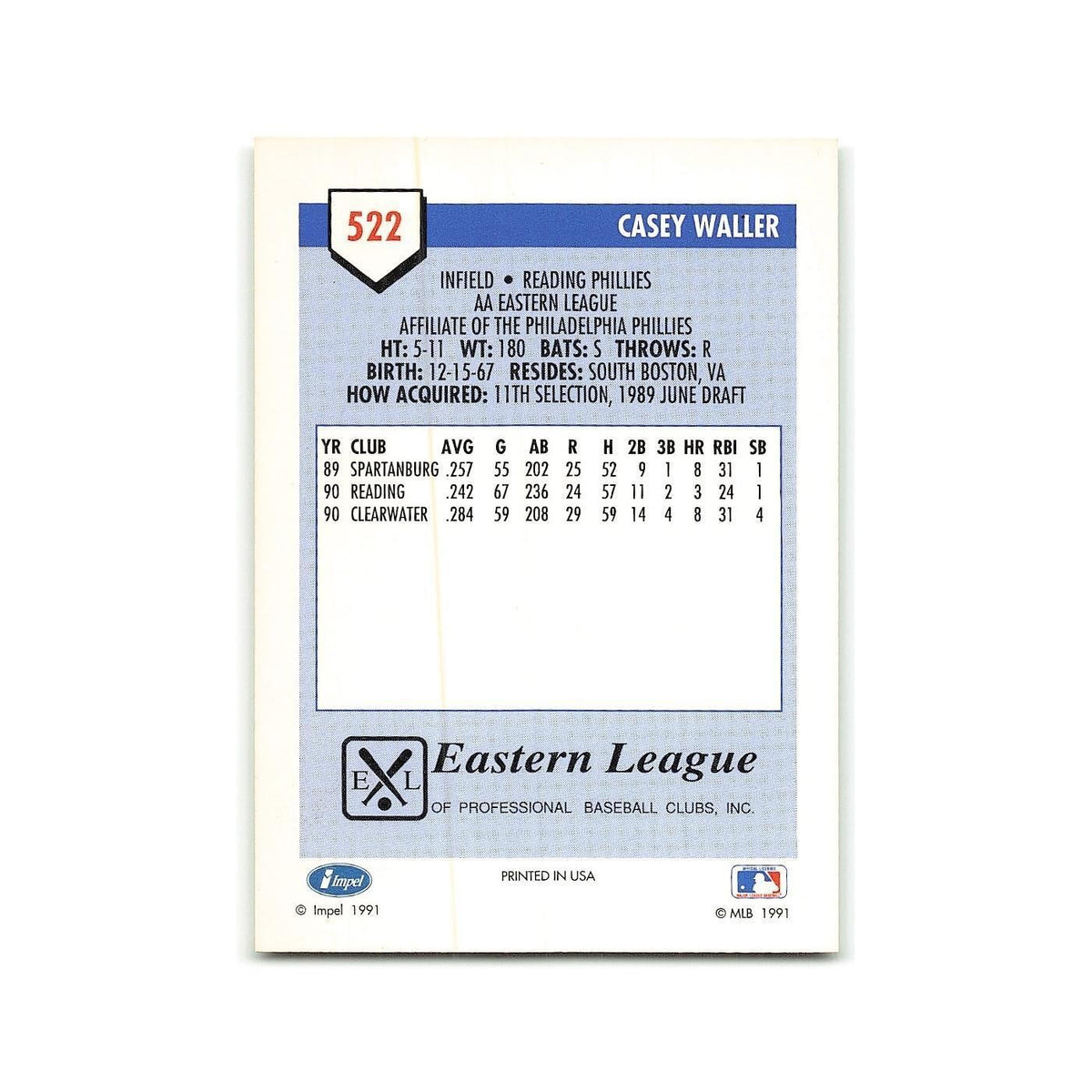 Casey Waller 1991 Line Drive AA #522 Reading Phillies Baseball Card NM