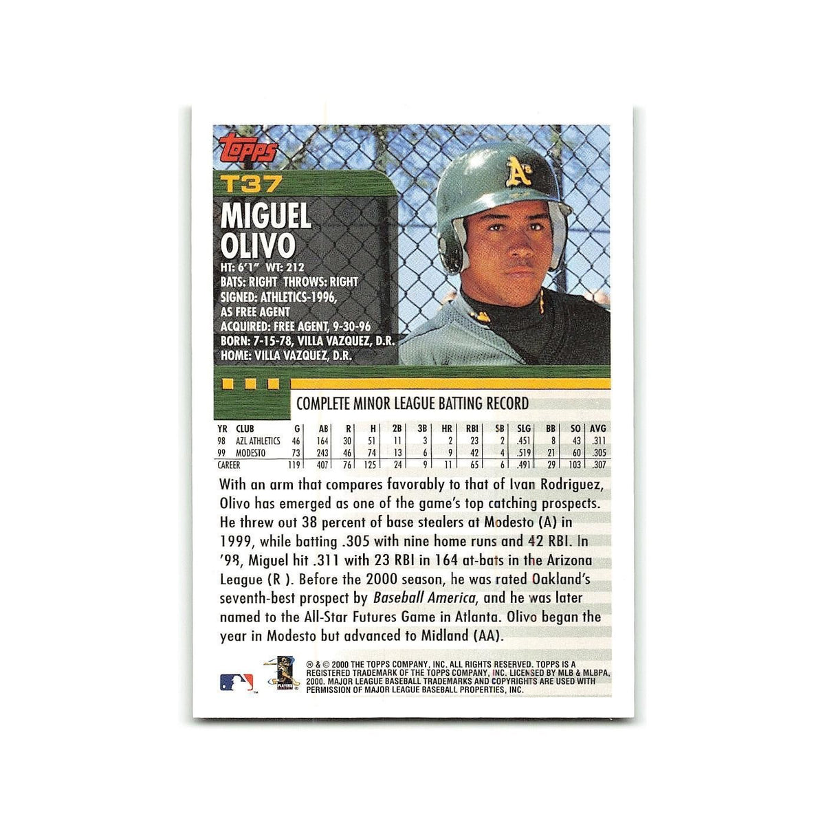 Miguel Olivo Rookie 2000 Topps Traded #T37 Oakland Athletics Baseball Card NM