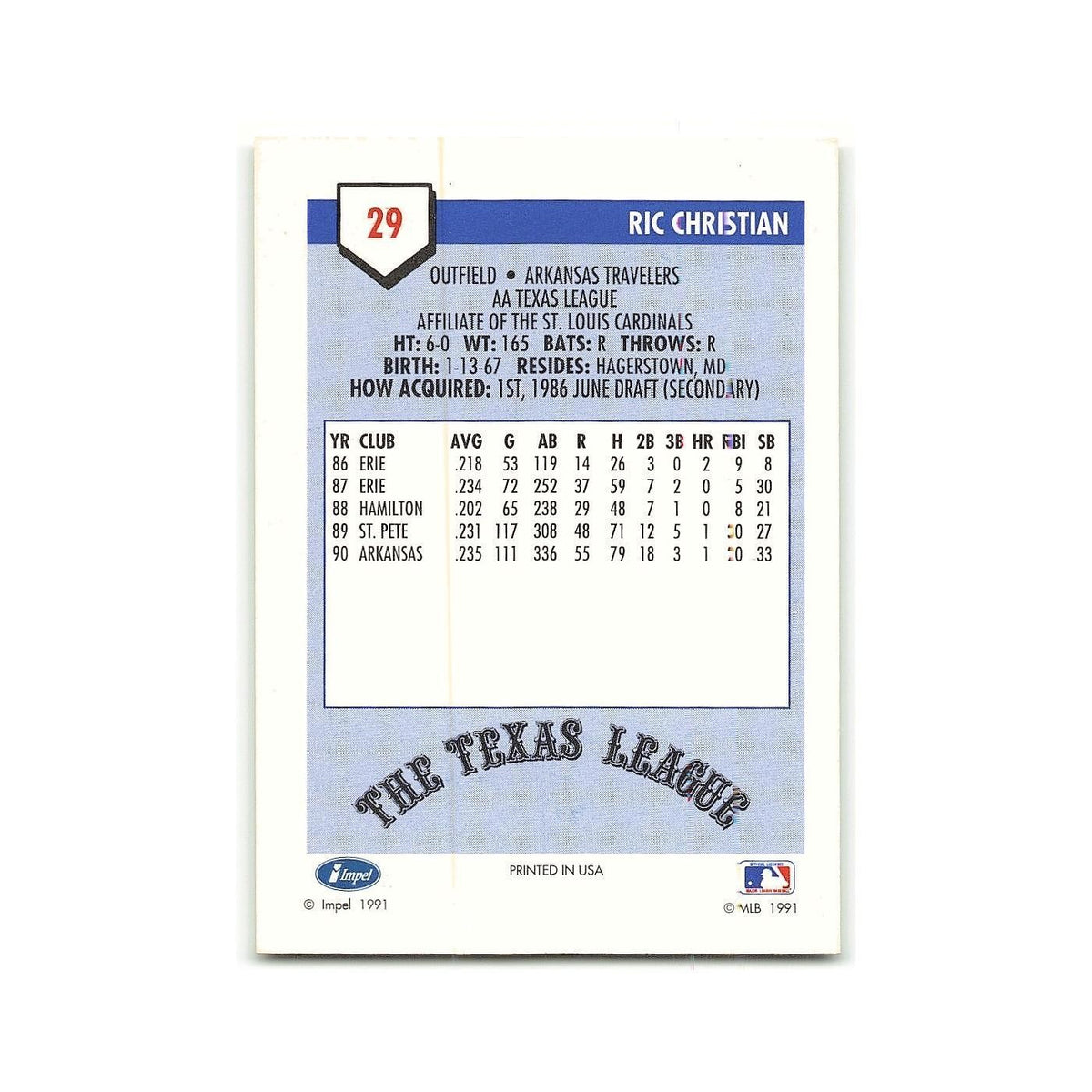 Ric Christian 1991 Line Drive AA #29 Arkansas Travelers Baseball Card NM