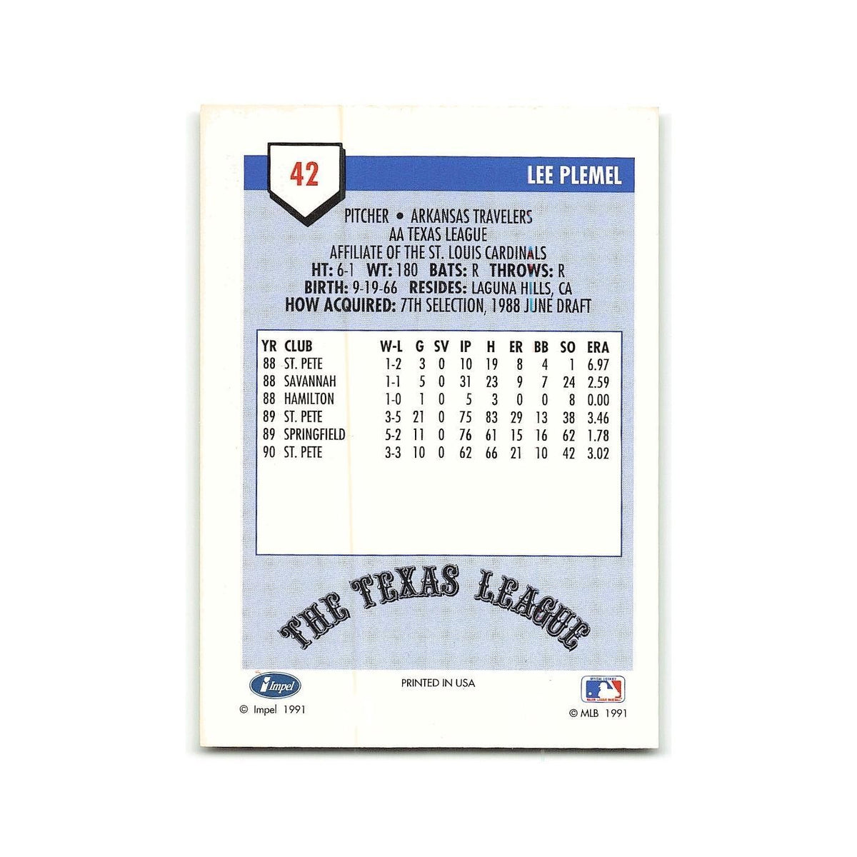 Lee Plemel 1991 Line Drive AA #42 Arkansas Travelers Baseball Card NM