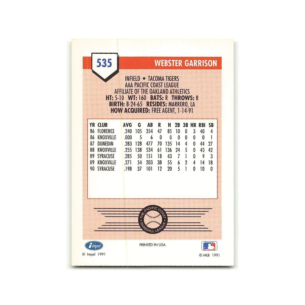 Webster Garrison 1991 Line Drive AAA #535 Tacoma Tigers Baseball Card NM