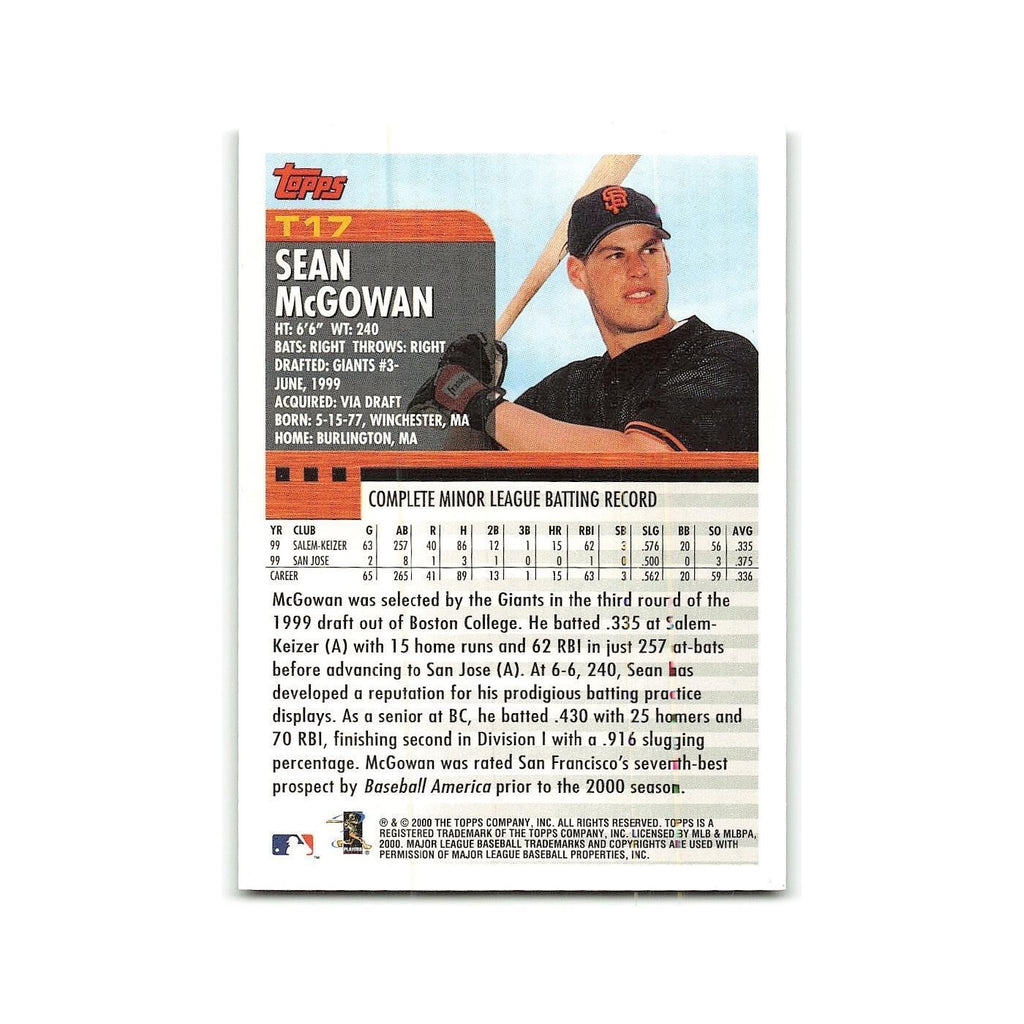 Sean McGowan Rookie 2000 Topps Traded #T17 San Francisco Giants Baseball Card NM