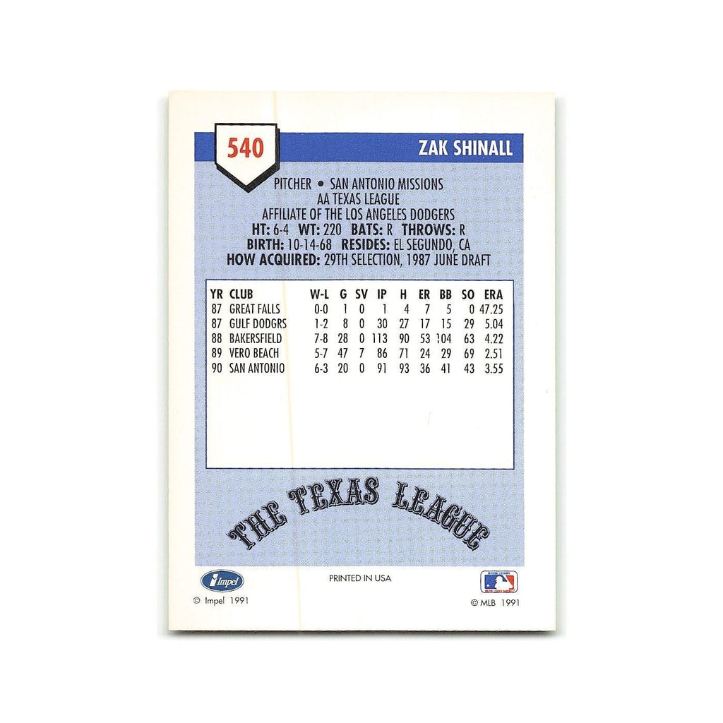 Zak Shinall 1991 Line Drive AA #540 San Antonio Missions Baseball Card NM