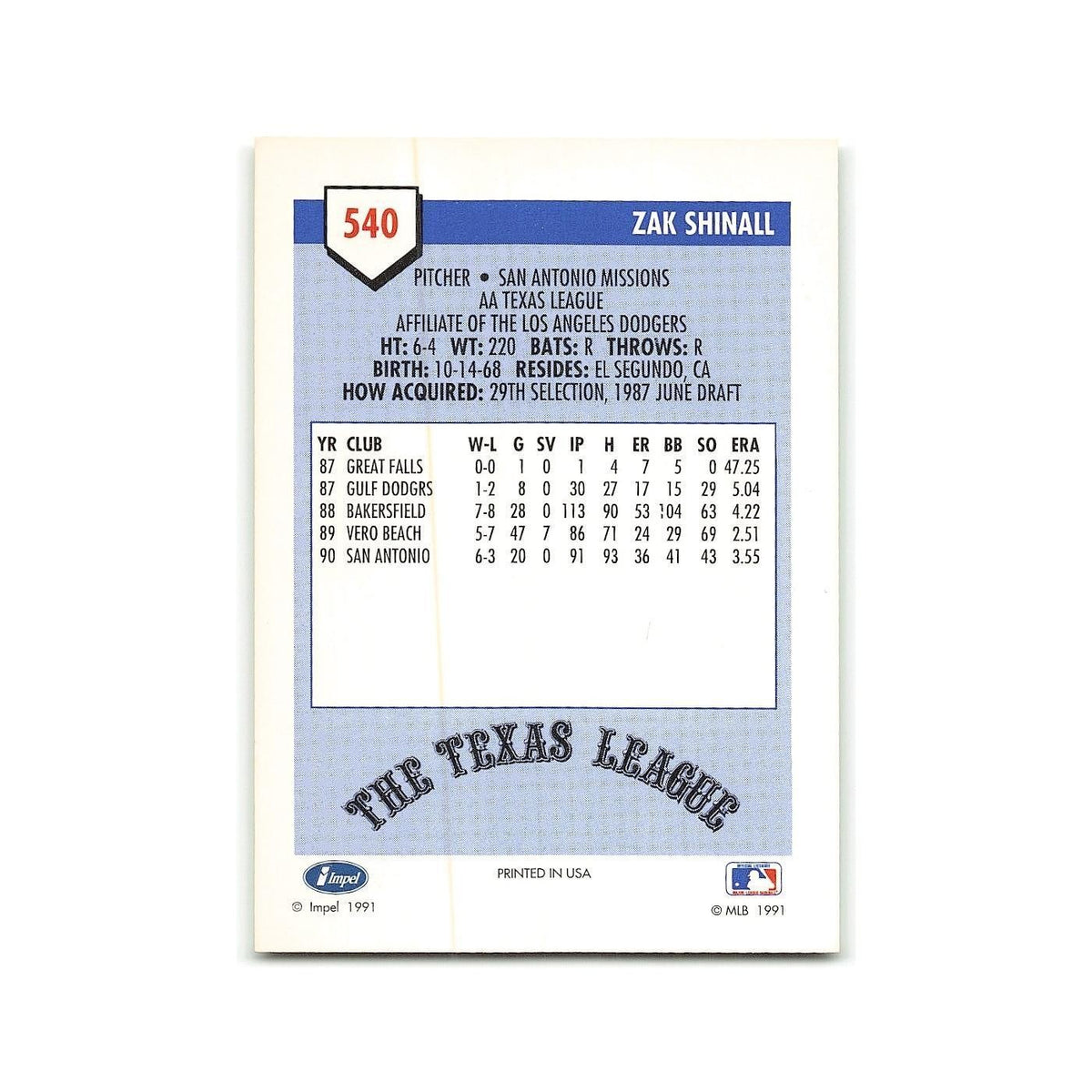Zak Shinall 1991 Line Drive AA #540 San Antonio Missions Baseball Card NM
