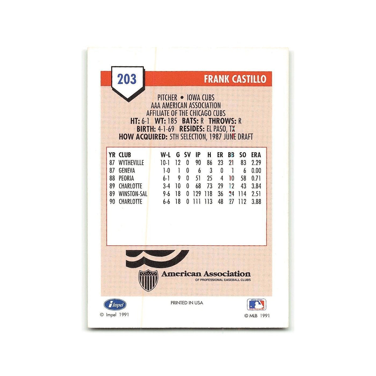 Frank Castillo 1991 Line Drive AAA #203 Iowa Cubs Baseball Card NM