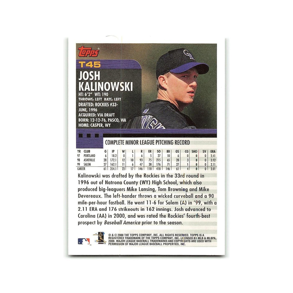 Josh Kalinowski Rookie 2000 Topps Traded #T45 Colorado Rockies Baseball Card NM