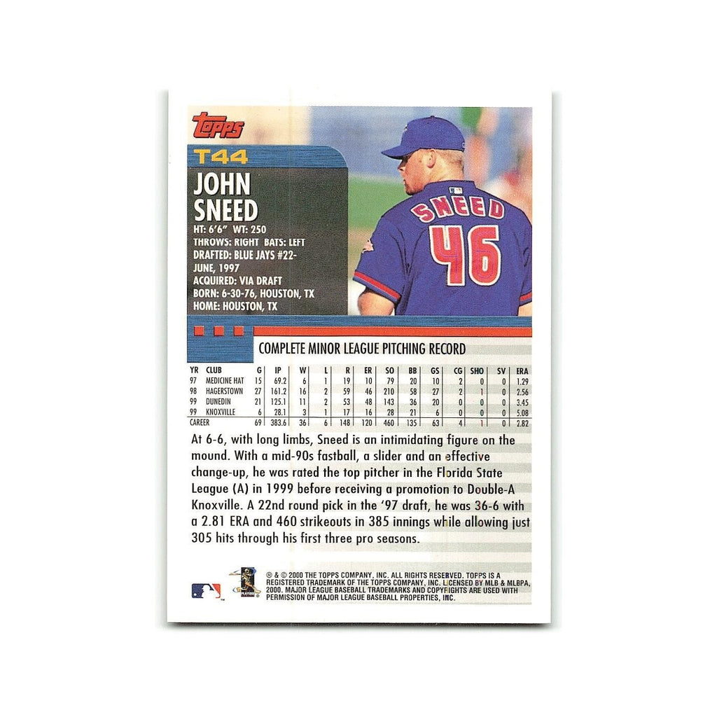 John Sneed Rookie 2000 Topps Traded #T44 Toronto Blue Jays Baseball Card NM