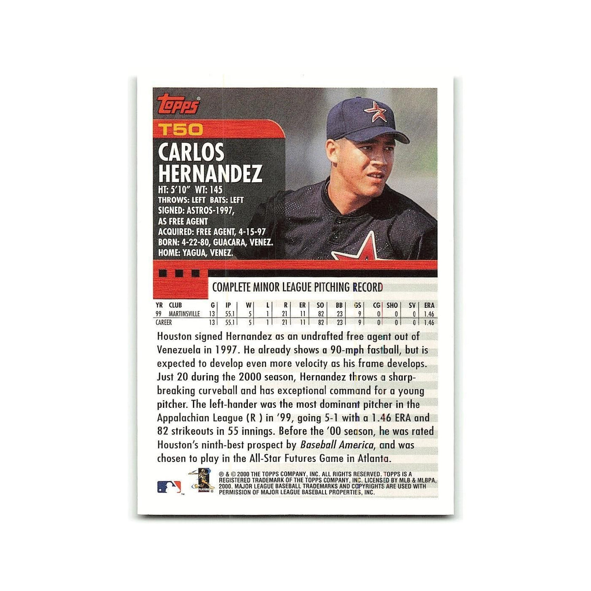 Carlos Hernandez Rookie 2000 Topps Traded #T50 Houston Astros Baseball Card NM