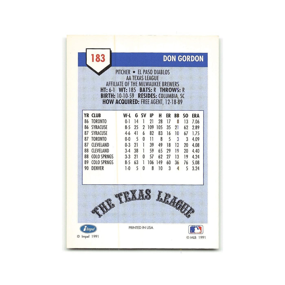 Don Gordon 1991 Line Drive AA #183 El Paso Diablos Baseball Card NM