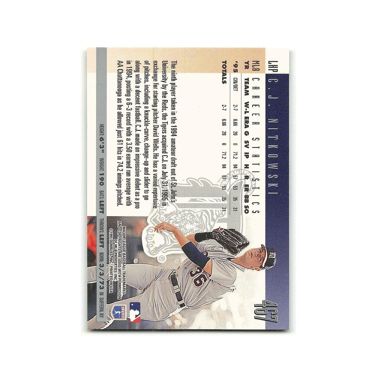 C.J. Nitkowski 1996 Donruss #467 Detroit Tigers Baseball Card NM