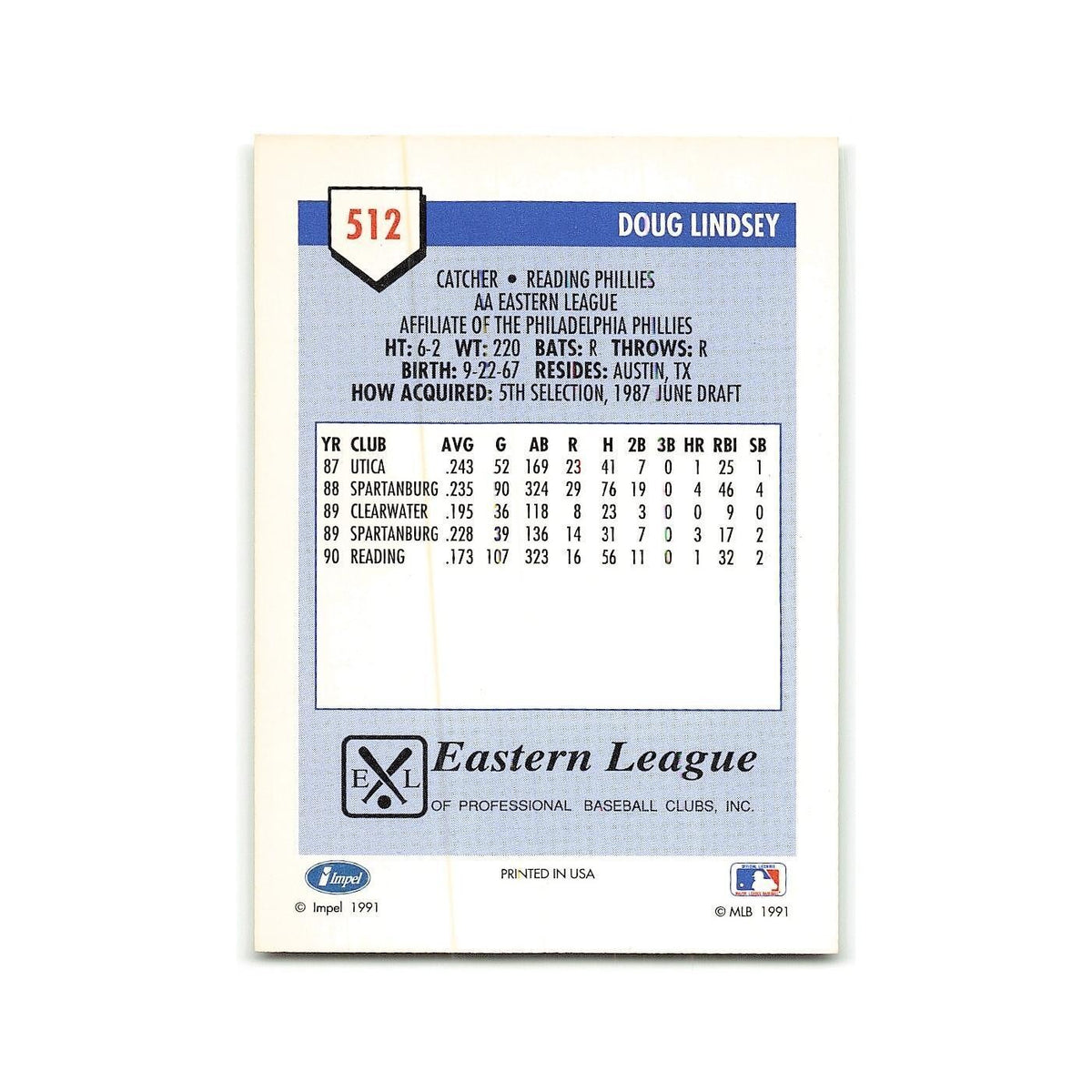 Doug Lindsey 1991 Line Drive AA #512 Reading Phillies Baseball Card NM