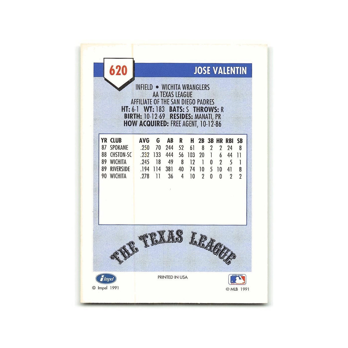 Jose Valentin 1991 Line Drive AA #620 Wichita Wranglers Baseball Card NM