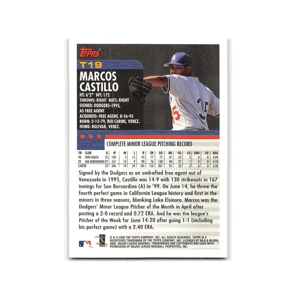Marcos Castillo Rookie 2000 Topps Traded #T19 Los Angeles Dodgers NM