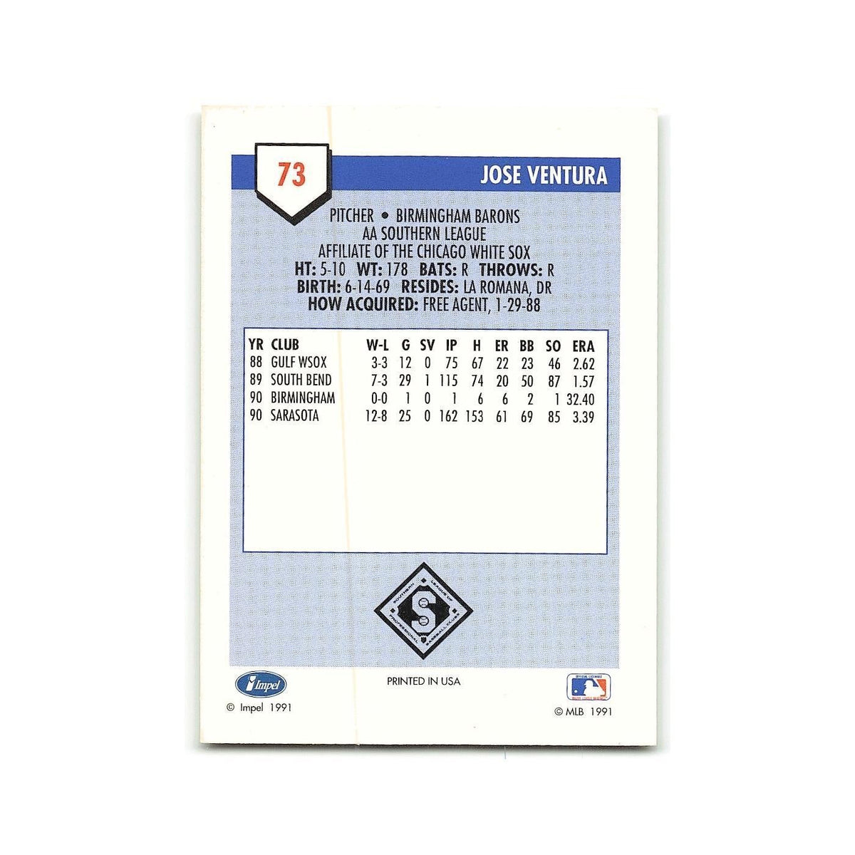 Jose Ventura 1991 Line Drive AA #73 Birmingham Barons Baseball Card NM