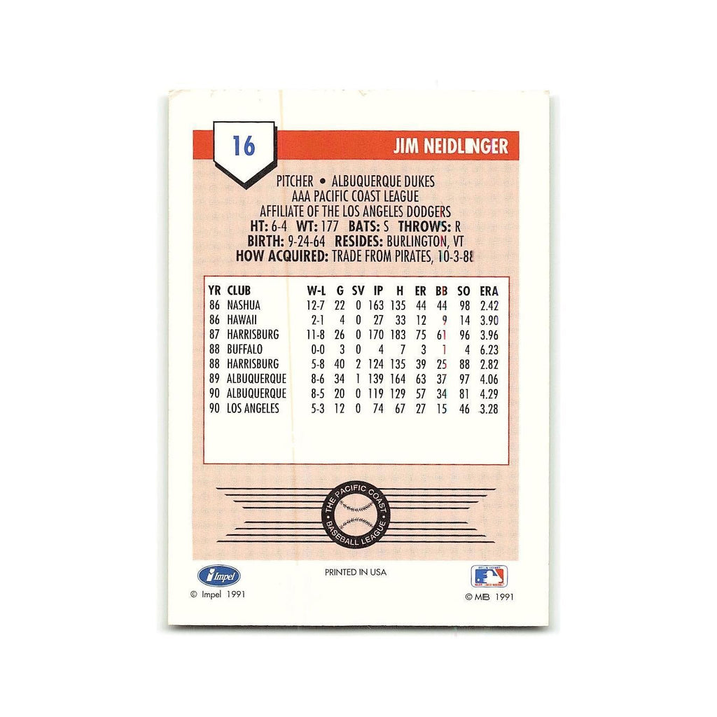 Jim Neidlinger 1991 Line Drive AAA #16 Albuquerque Dukes Baseball Card NM