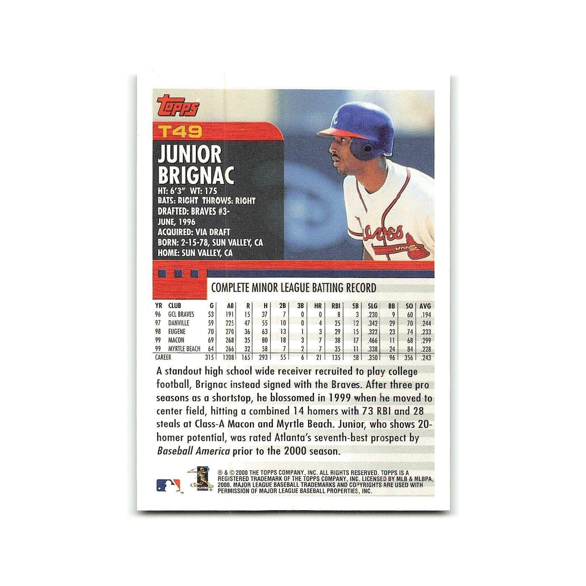 Junior Brignac Rookie 2000 Topps Traded #T49 Atlanta Braves Baseball Card NM