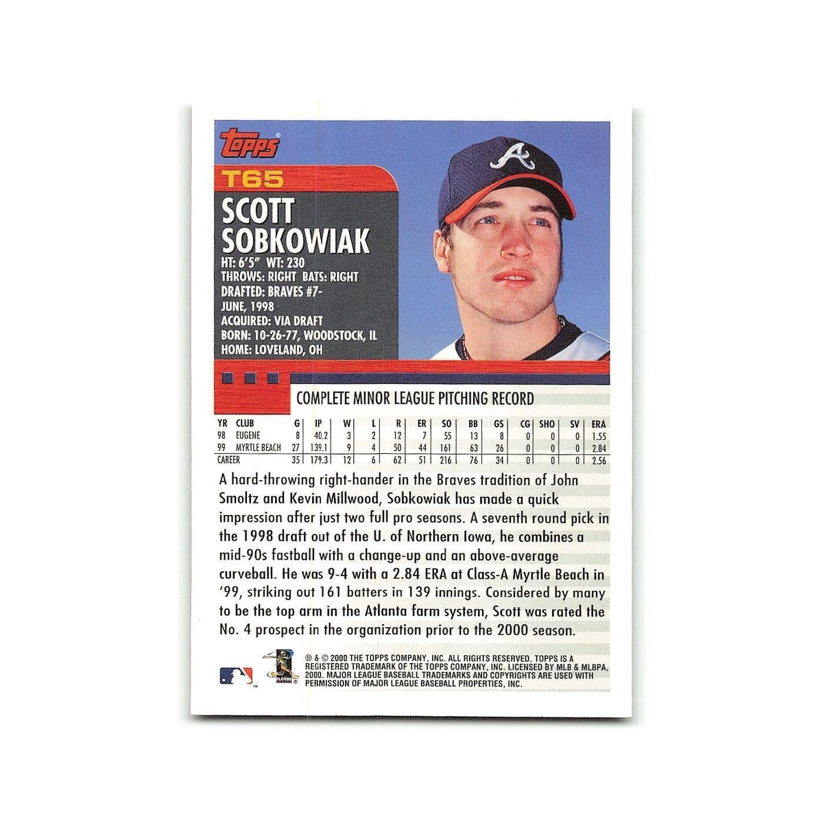 Scott Sobkowiak Rookie 2000 Topps Traded #T65 Atlanta Braves Baseball Card NM