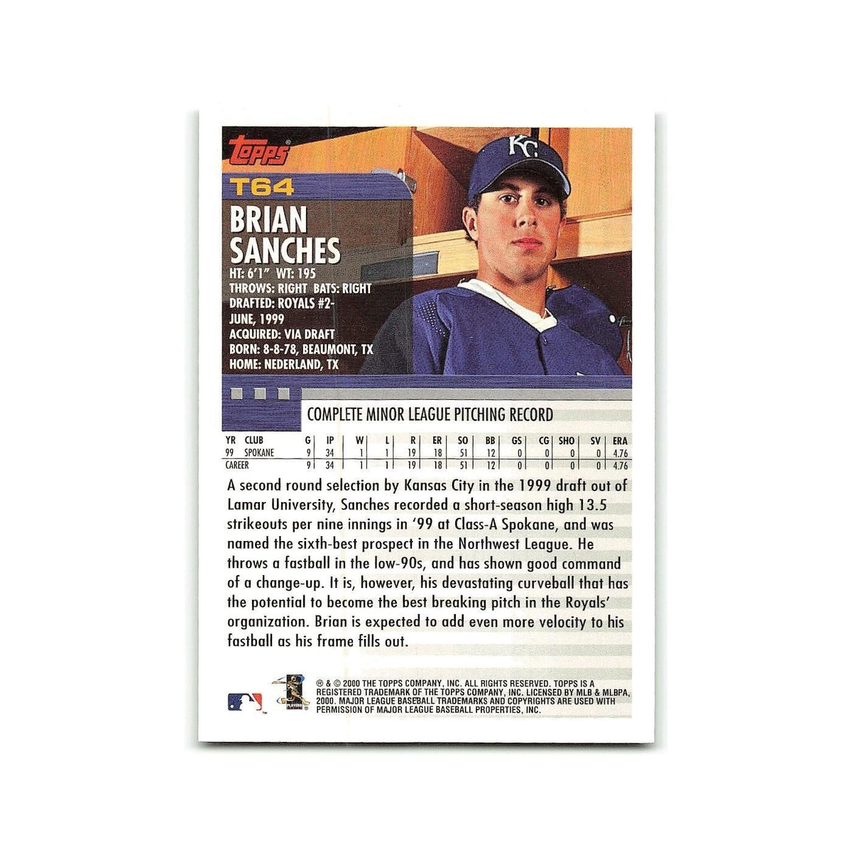 Brian Sanches Rookie 2000 Topps Traded #T64 Kansas City Royals Baseball Card NM