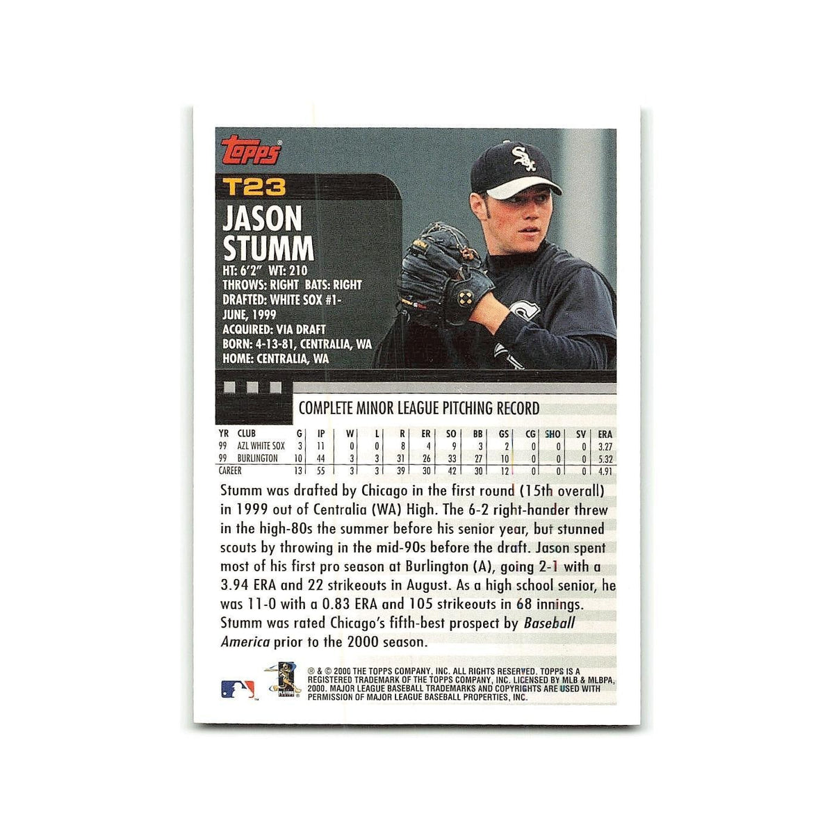 Jason Stumm Rookie 2000 Topps Traded #T23 Chicago White Sox Baseball Card NM