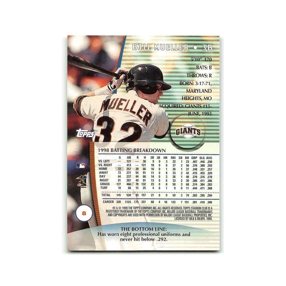 Bill Mueller 1999 Topps Stadium Club #5 San Francisco Giants Baseball Card NM