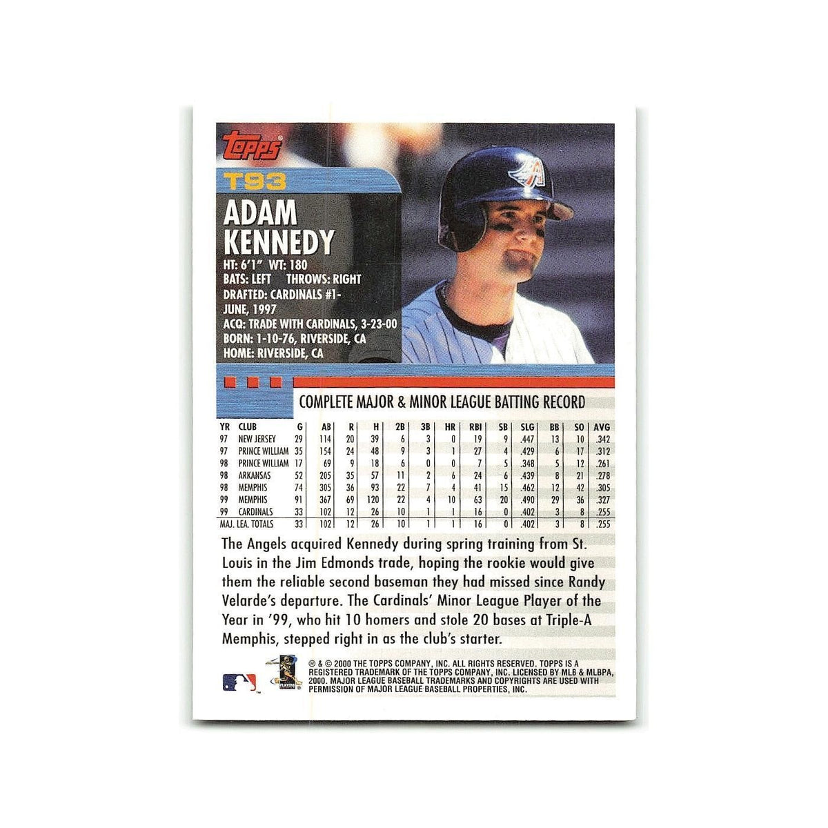 Adam Kennedy 2000 Topps Traded #T93 Anaheim Angels Baseball Card NM