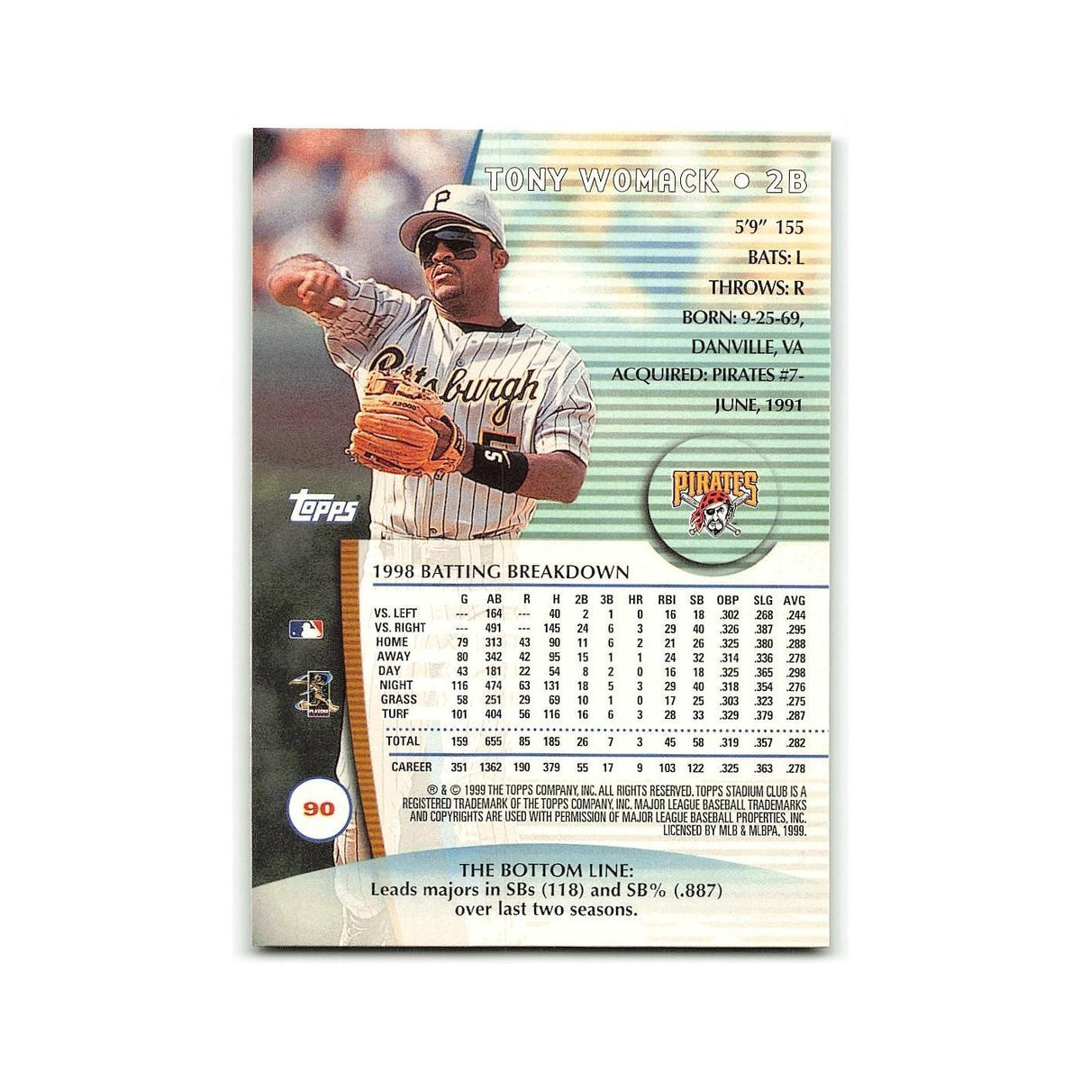 Tony Womack 1999 Topps Stadium Club #90 Pittsburgh Pirates Baseball Card NM