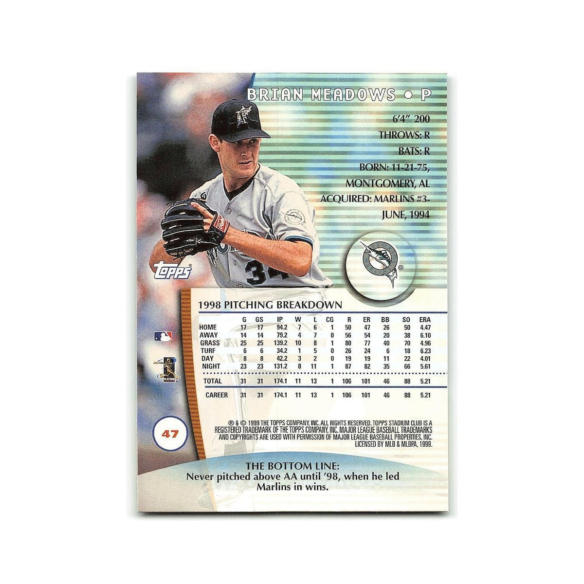 Brian Meadows 1999 Topps Stadium Club #47 Florida Marlins Baseball Card NM