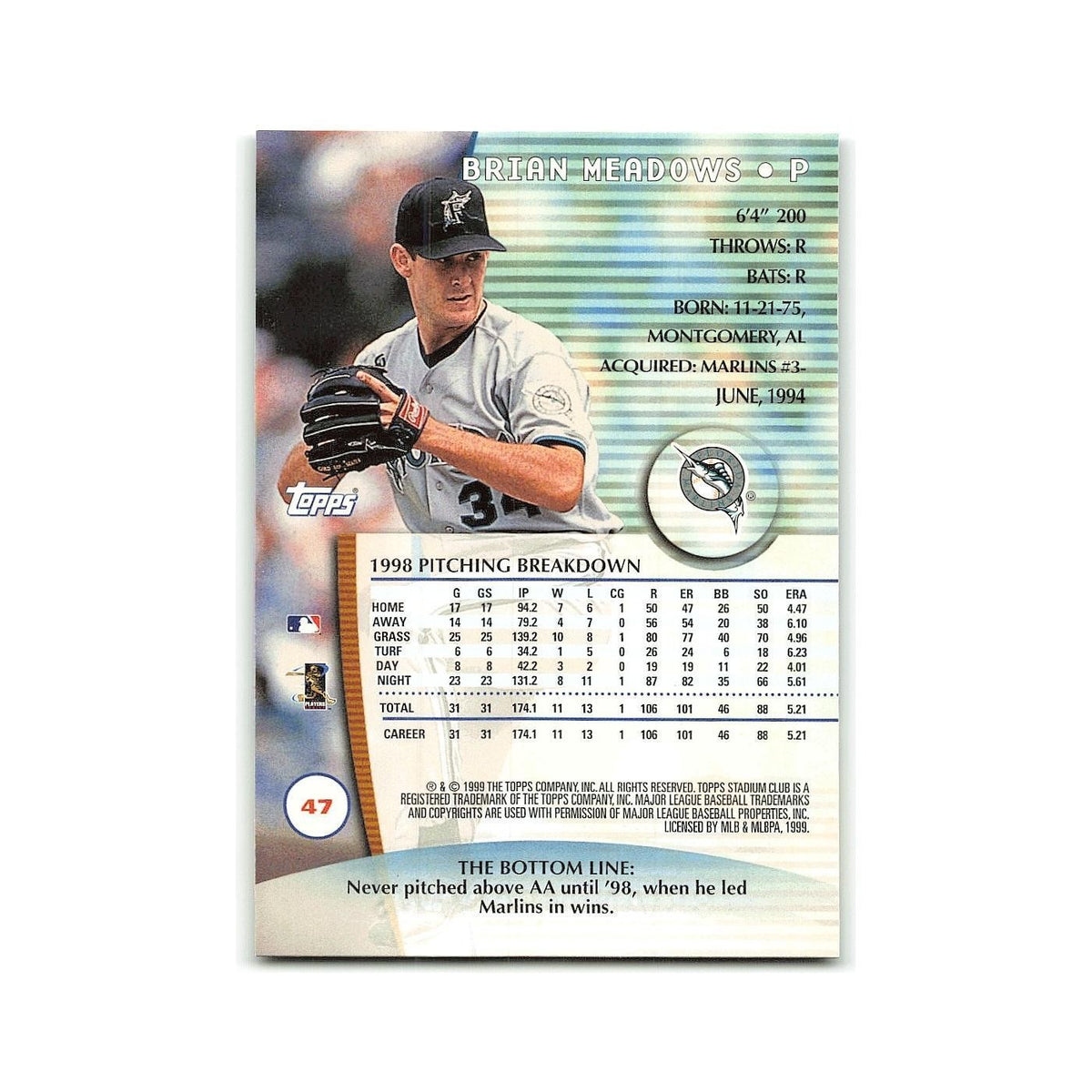Brian Meadows 1999 Topps Stadium Club #47 Florida Marlins Baseball Card NM