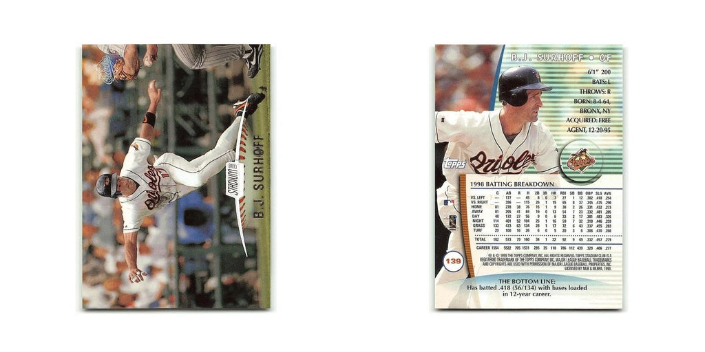 B.J. Surhoff 1999 Topps Stadium Club #139 Baltimore Orioles Baseball Card NM