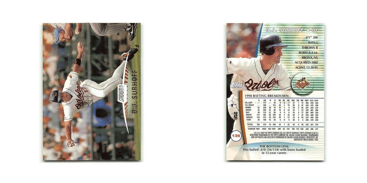 B.J. Surhoff 1999 Topps Stadium Club #139 Baltimore Orioles Baseball Card NM