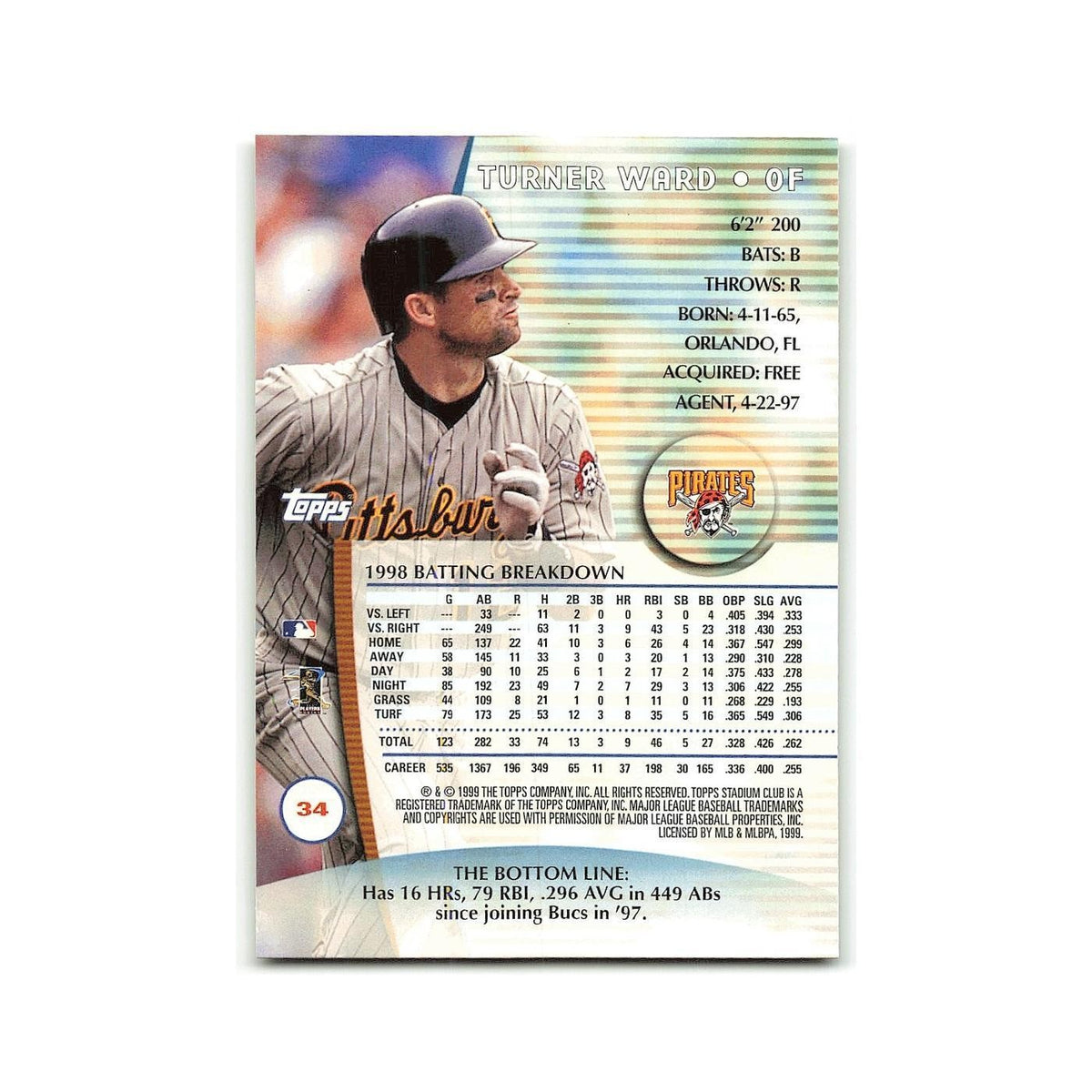 Turner Ward 1999 Topps Stadium Club #34 Pittsburgh Pirates Baseball Card NM