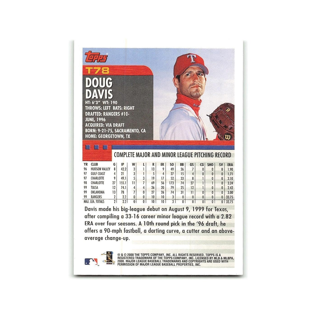 Doug Davis Rookie 2000 Topps Traded #T78 Texas Rangers Baseball Card NM