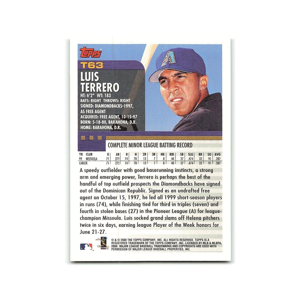 Luis Terrero Rookie 2000 Topps Traded #T63 Arizona Diamondbacks Baseball Card NM