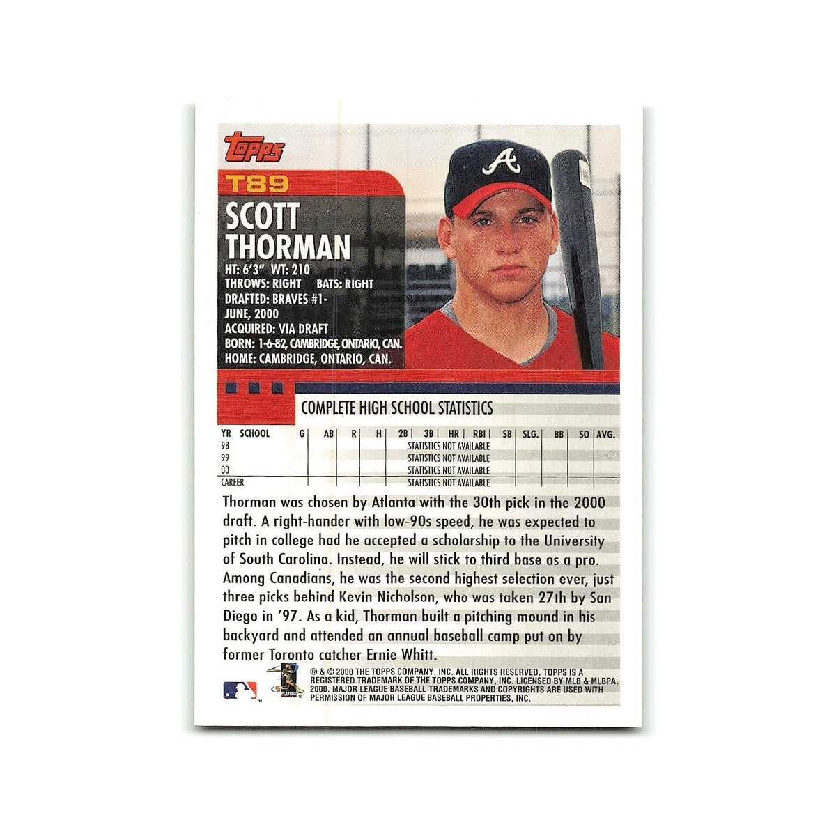 Scott Thorman Rookie 2000 Topps Traded #T89 Atlanta Braves Baseball Card NM