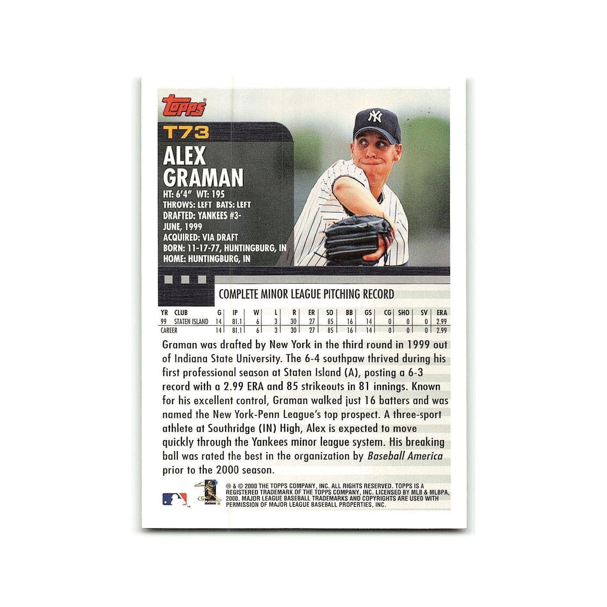 Alex Graman Rookie 2000 Topps Traded #T73 New York Yankees Baseball Card NM