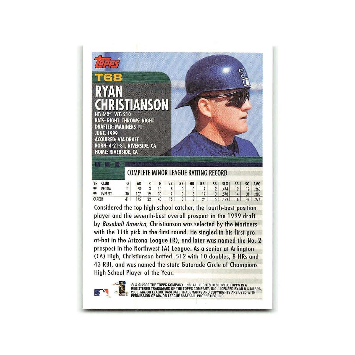 Ryan Christianson Rookie 2000 Topps Traded #T68 Seattle Mariners NM