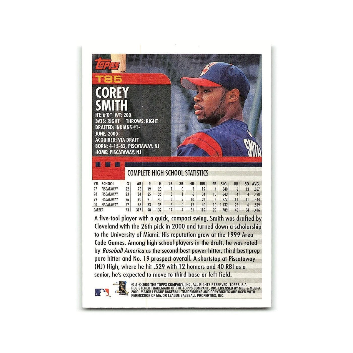 Corey Smith Rookie 2000 Topps Traded #T85 Cleveland Indians Baseball Card NM