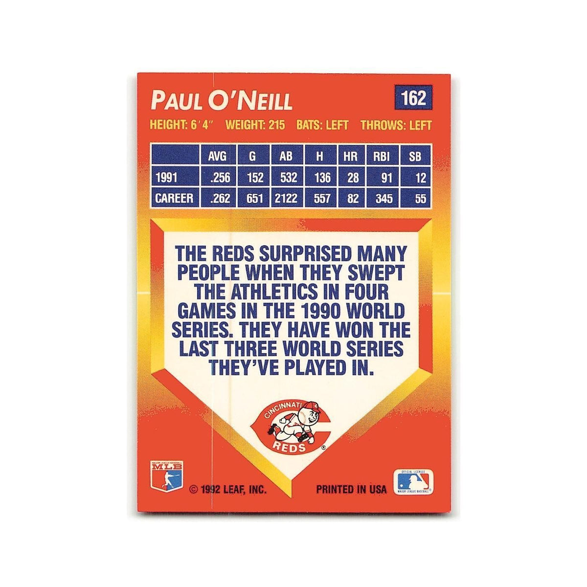 Paul O'Neill 1992 Triple Play #162 Cincinnati Reds Baseball Card NM