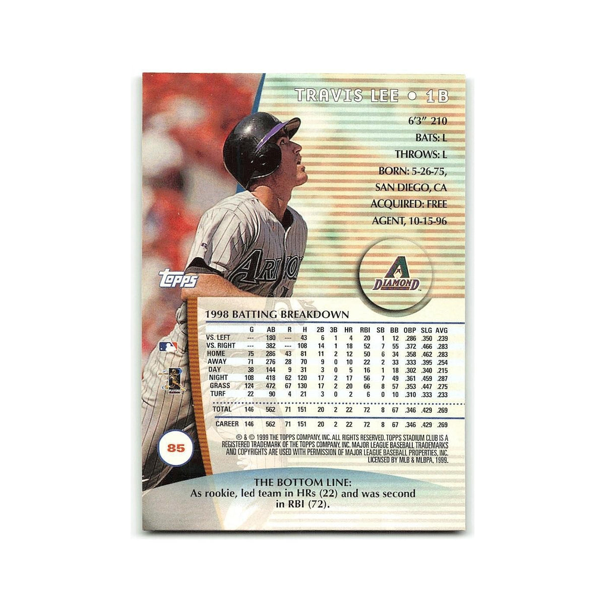 Travis Lee 1999 Topps Stadium Club #85 Arizona Diamondbacks Baseball Card NM