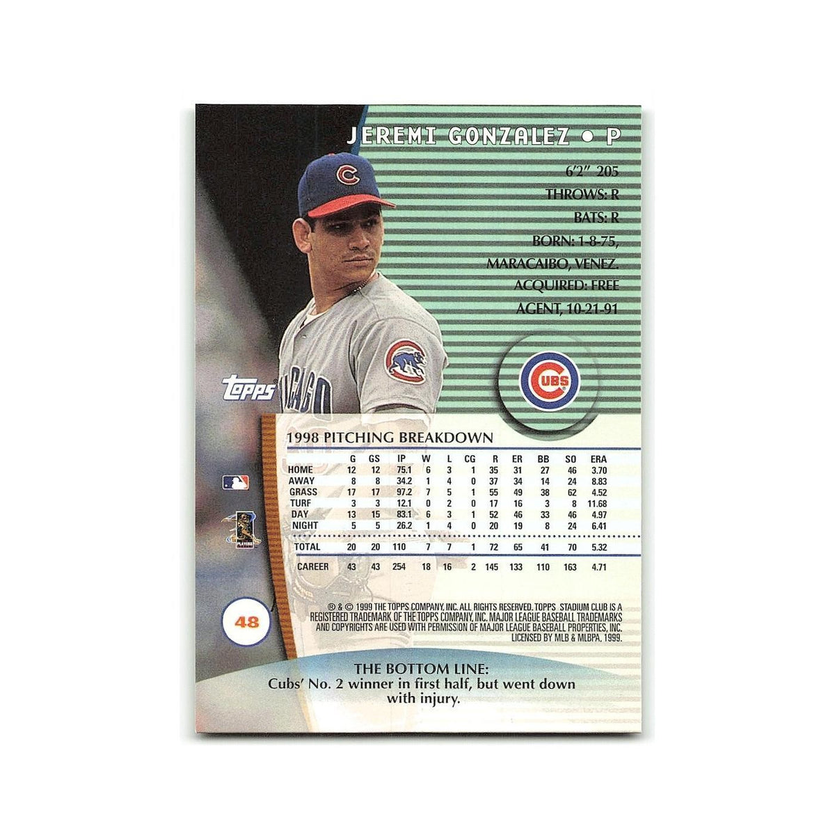 Jeremi Gonzalez 1999 Topps Stadium Club #48 Chicago Cubs Baseball Card NM