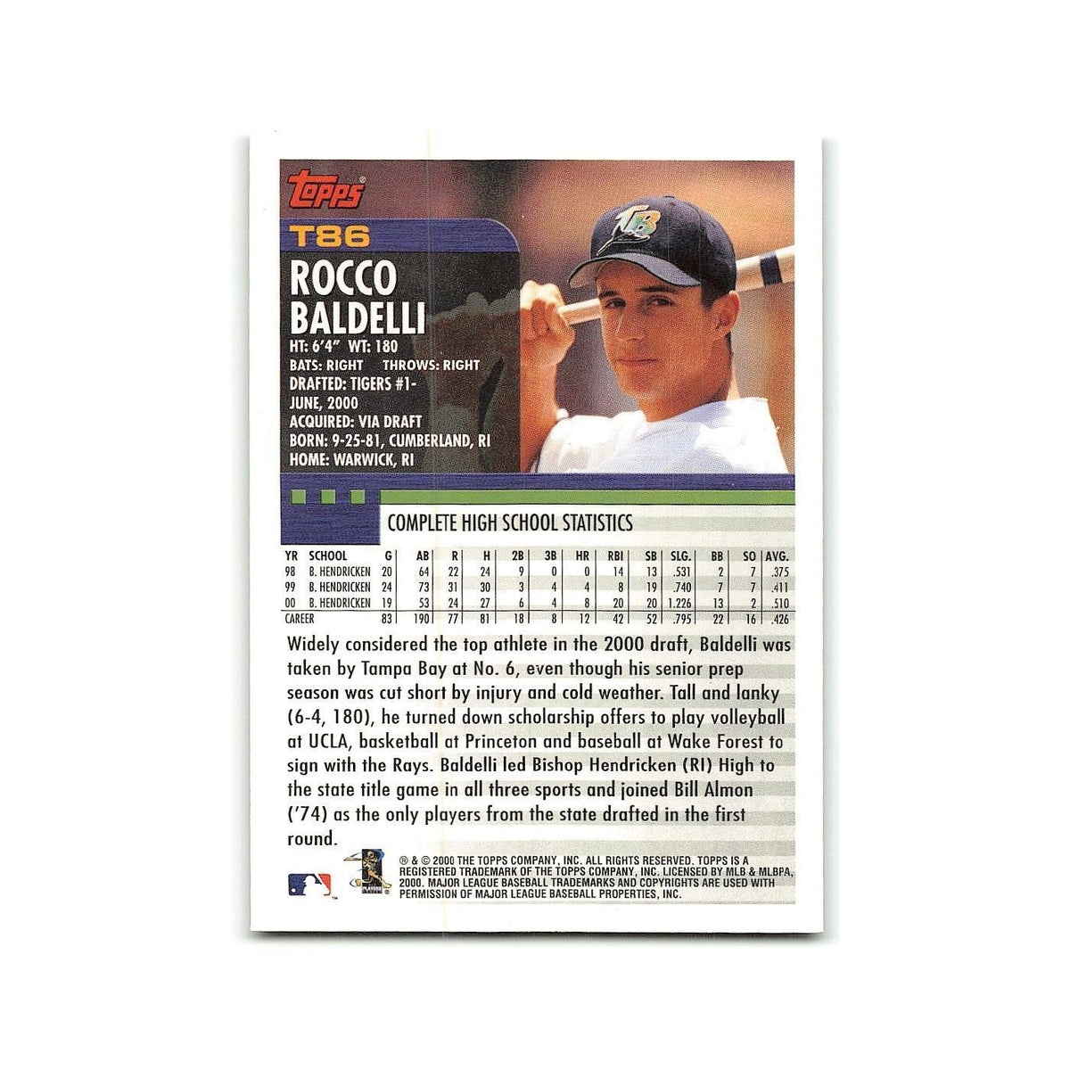 Rocco Baldelli Rookie 2000 Topps Traded #T86 Tampa Bay Devil Rays NM