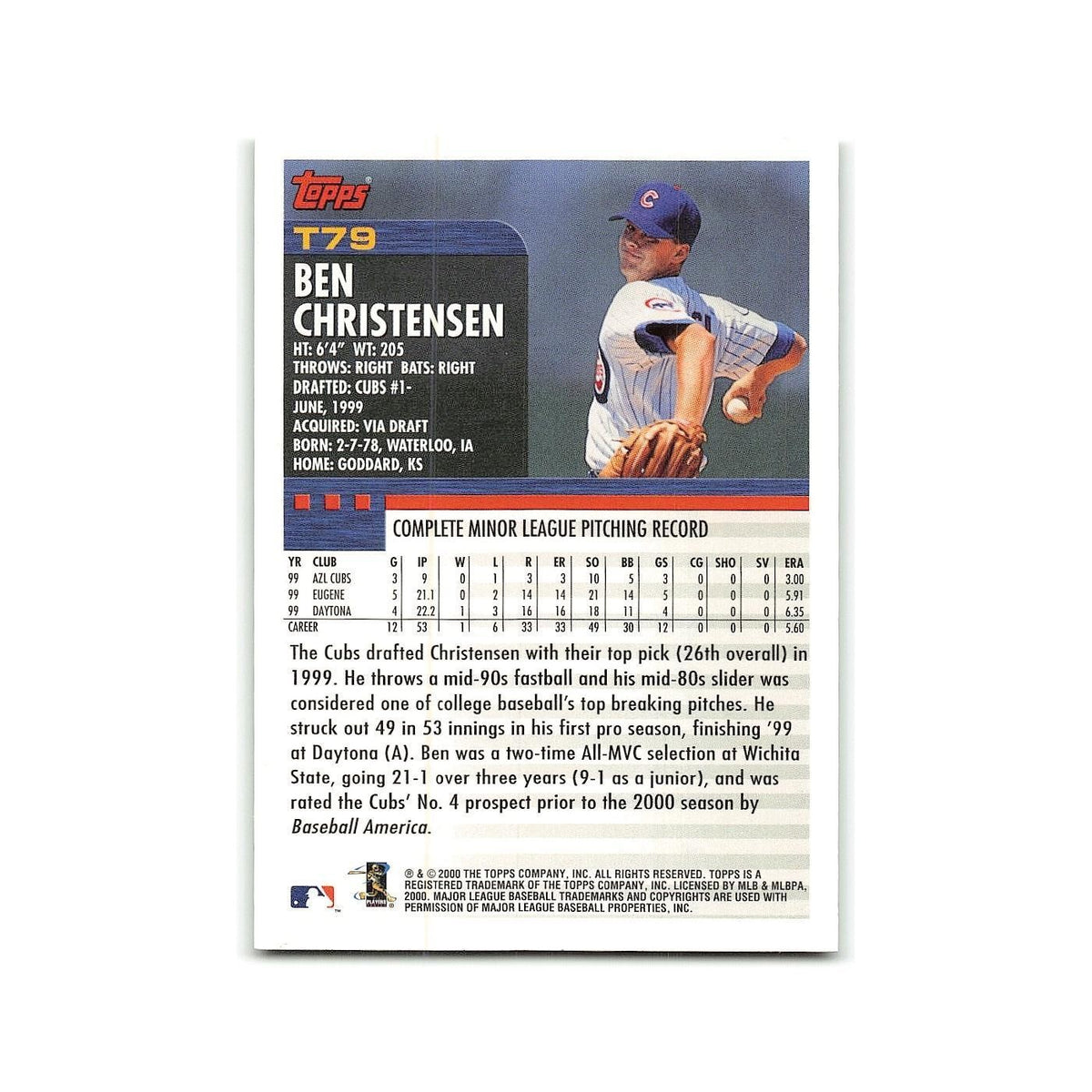 Ben Christensen Rookie 2000 Topps Traded #T79 Chicago Cubs Baseball Card NM