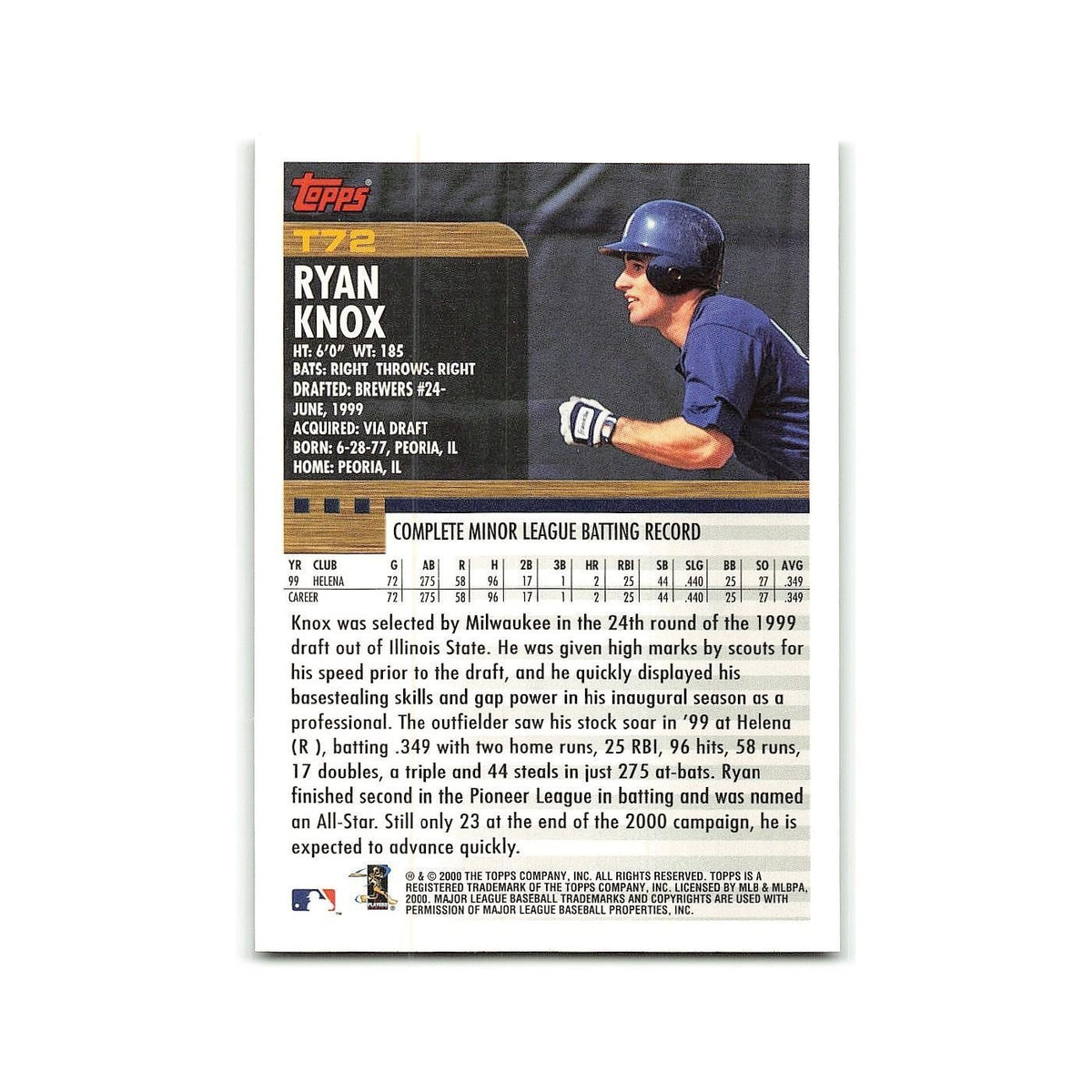 Ryan Knox Rookie 2000 Topps Traded #T72 Milwaukee Brewers Baseball Card NM