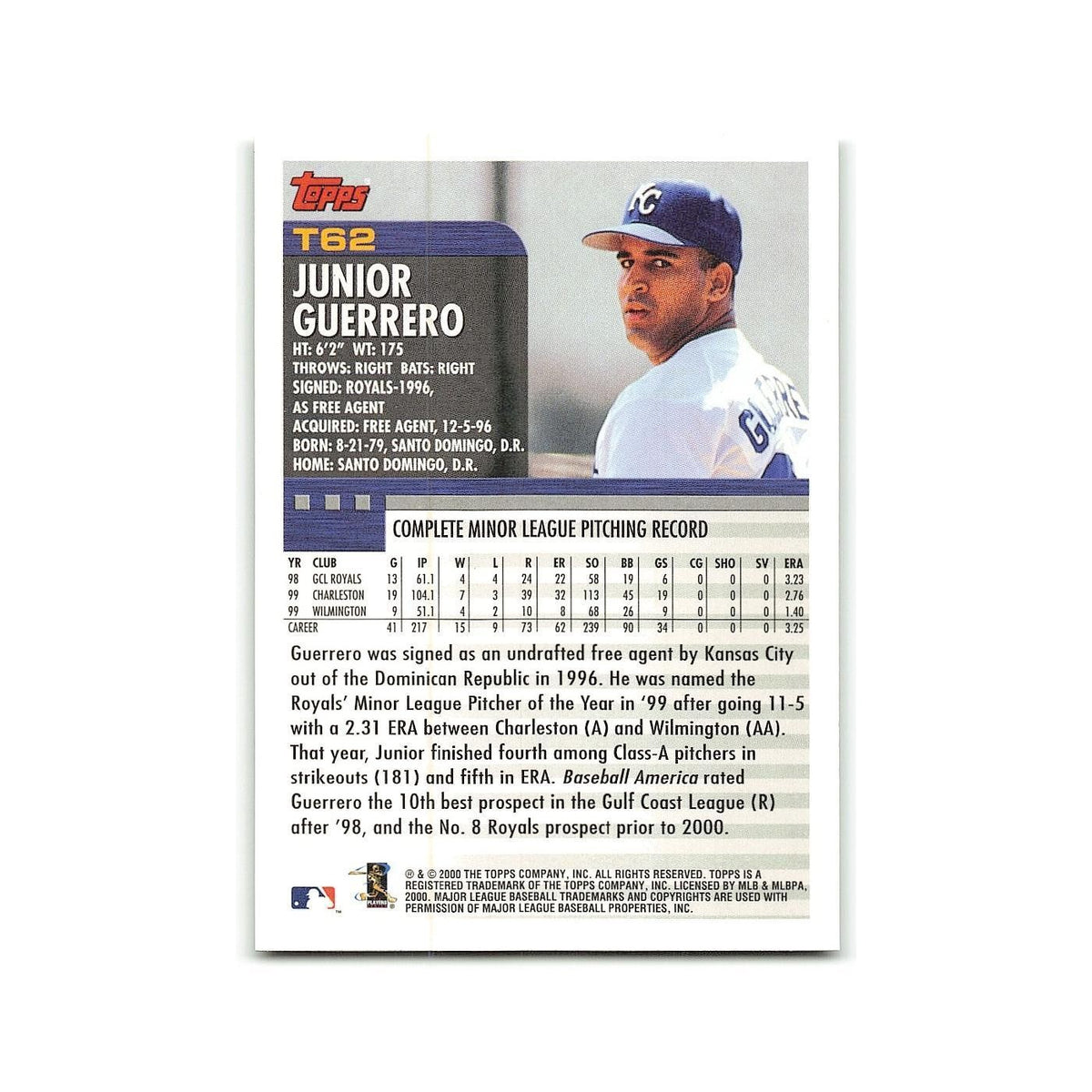 Junior Guerrero Rookie 2000 Topps Traded #T62 Kansas City Royals NM