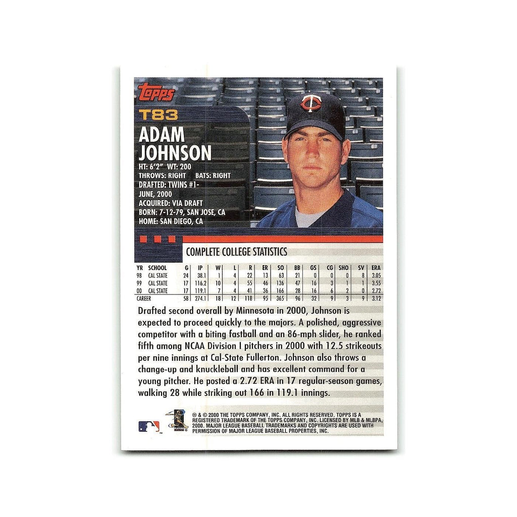 Adam Johnson Rookie 2000 Topps Traded #T83 Minnesota Twins Baseball Card NM