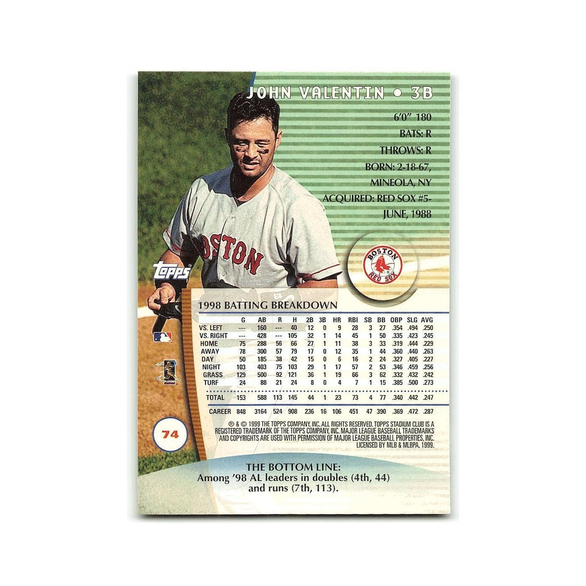 John Valentin 1999 Topps Stadium Club #74 Boston Red Sox Baseball Card NM